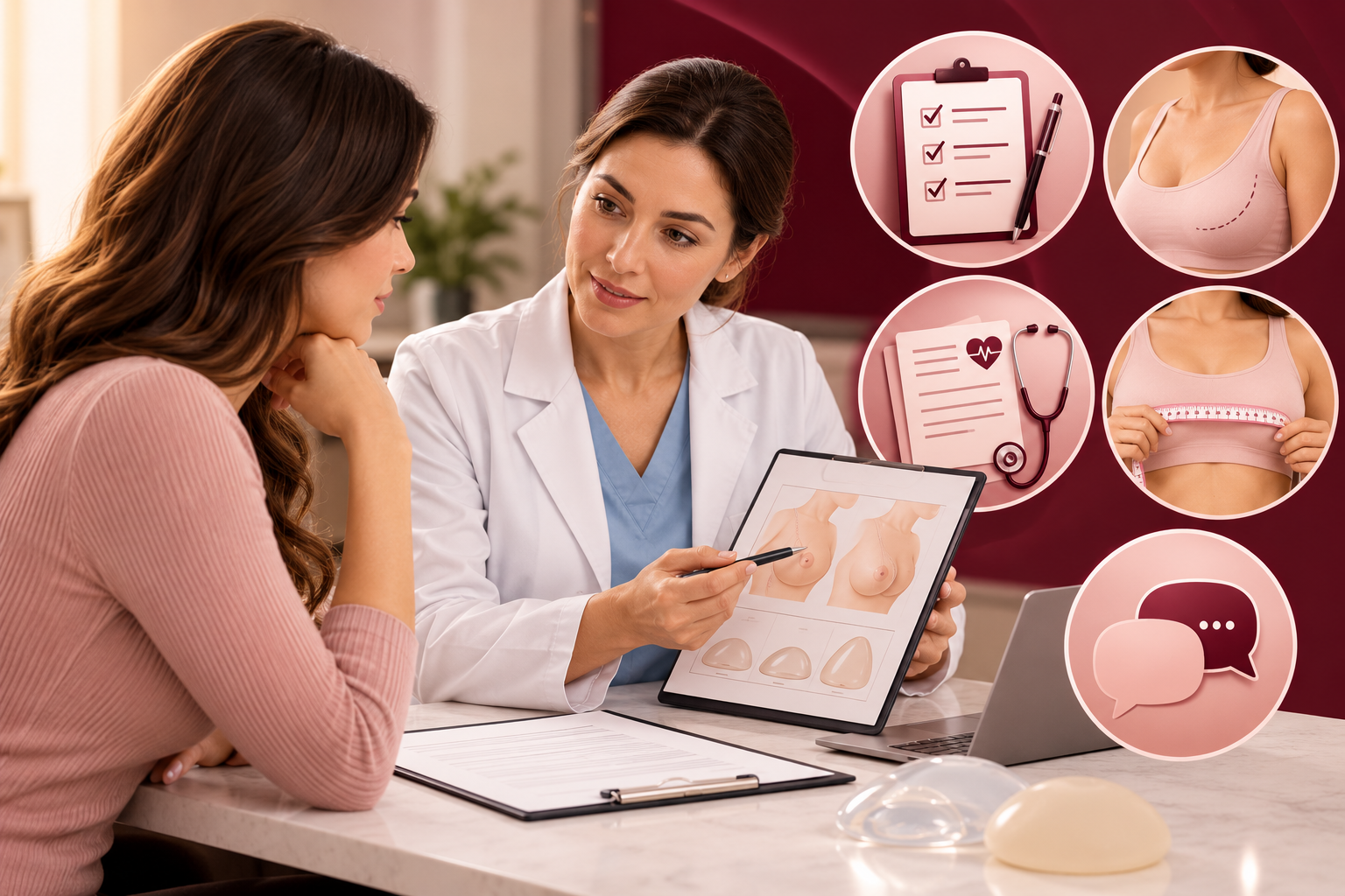 Illustration of a patient preparing for a breast-surgery consultation